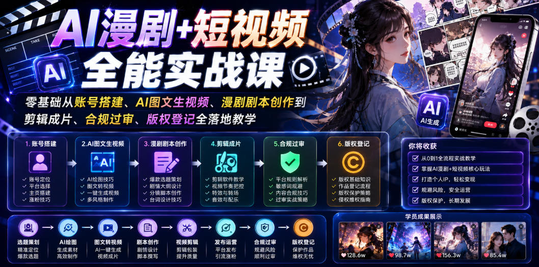 AI漫剧+短视频全能实战课｜零基础从账号搭建、AI图文生视频、漫剧剧本创作到剪辑成片、合规过审、版权登记全落地教学-资源站