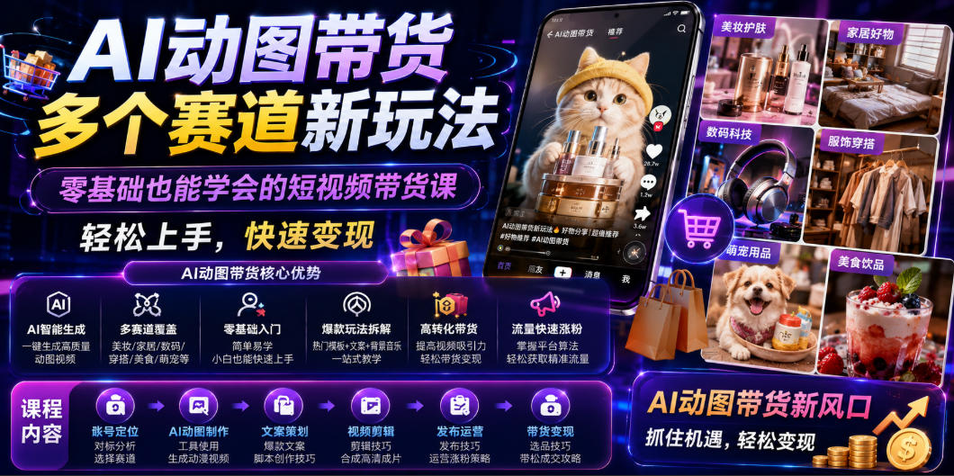 AI动图带货多个赛道新玩法，零基础也能学会的短视频带货课，轻松上手，快速变现-资源站