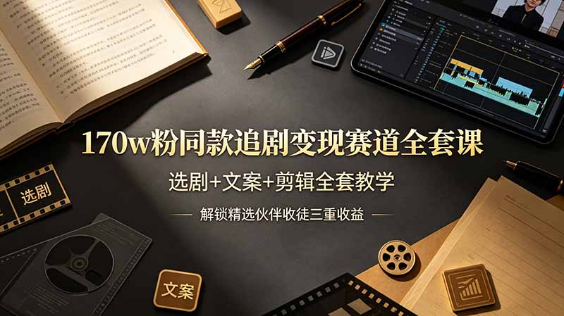 170w粉博主同款追剧变现赛道全套课，选剧+文案+剪辑全套教学，解锁精选伙伴收徒三重收益-资源站