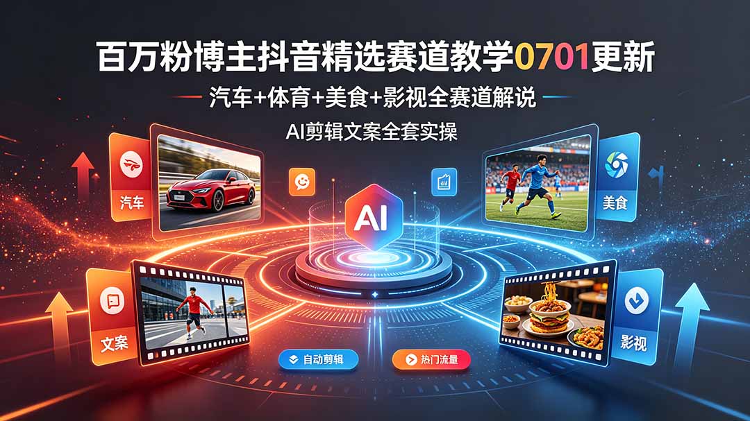 百万粉博主抖音精选赛道教学-0701更新，汽车+体育+美食+影视全赛道解说，AI剪辑文案全套实操-资源站
