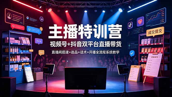 主播特训营：视频号+抖音双平台直播带货，直播间搭建+选品+话术+开播全流程系统教学-资源站
