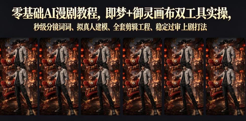 零基础AI漫剧教程,即梦+御灵画布双工具实操,秒级分镜提示词、拟真人建模、全套剪辑工程、稳定过审上剧打法-资源站