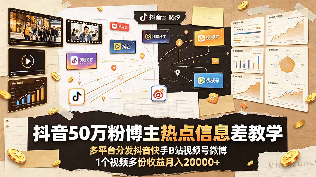 抖音50万粉博主热点信息差教学：多平台分发抖音快手B站视频号微博，1个视频多份收益月入20000+-资源站