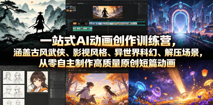 一站式AI动画创作训练营，涵盖古风武侠、影视风格、异世界科幻、解压场景，从零自主制作高质量原创短篇动画-资源站