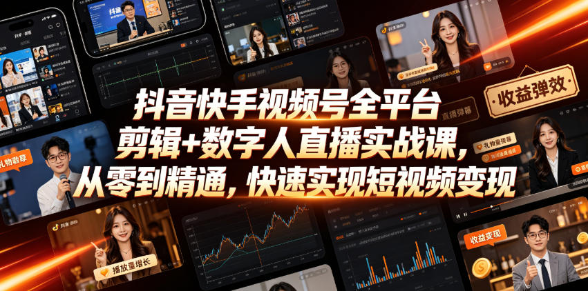 抖音快手视频号全平台剪辑+数字人直播实战课，从零到精通，快速实现短视频变现(更新2026年6月)​-资源站