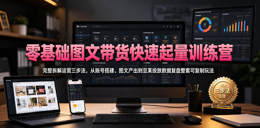 零基础图文带货快速起量训练营，完整拆解运营三步法，从账号搭建、图文产出到豆荚投放数据复盘整套可复制玩法-资源站
