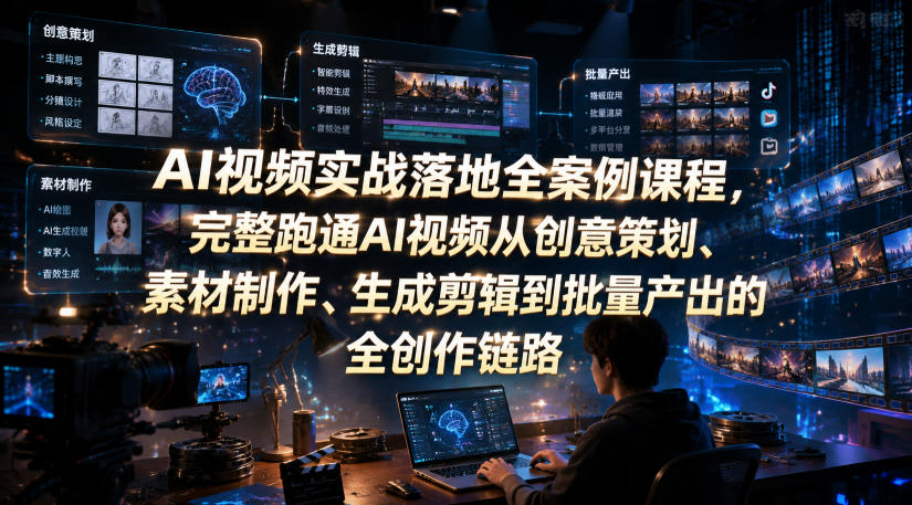 AI视频实战落地全案例课程，完整跑通AI视频从创意策划、素材制作、生成剪辑到批量产出的全创作链路-资源站