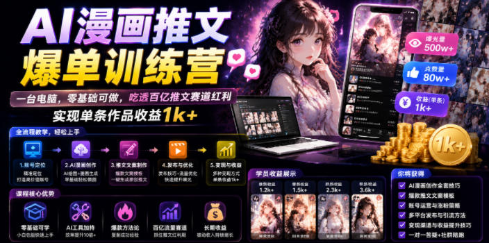 AI漫画推文爆单训练营，一台电脑，零基础可做，吃透百亿推文赛道红利，实现单条作品收益1k+-资源站