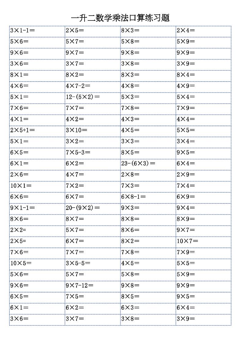 一升二数学乘法口算练习题-二上-资源站