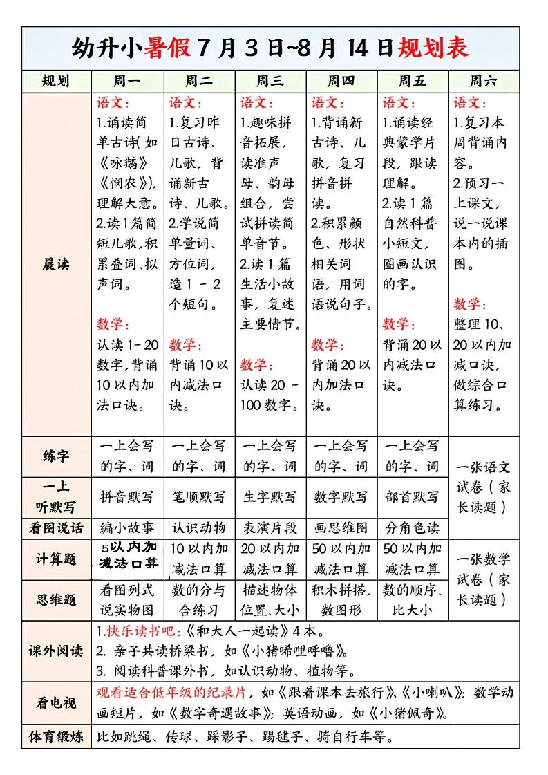 幼升小暑假规划表-资源站